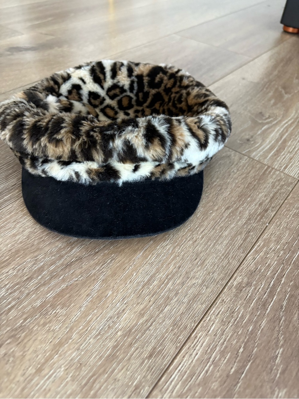 Leopard Faux Fur Trim Black Visor Hat